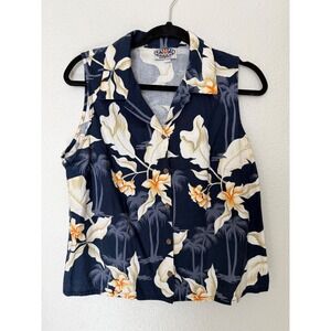 Pacific Legend Hawaiian Shirt Womens Large Blue Floral 100% Cotton Sleeveless L